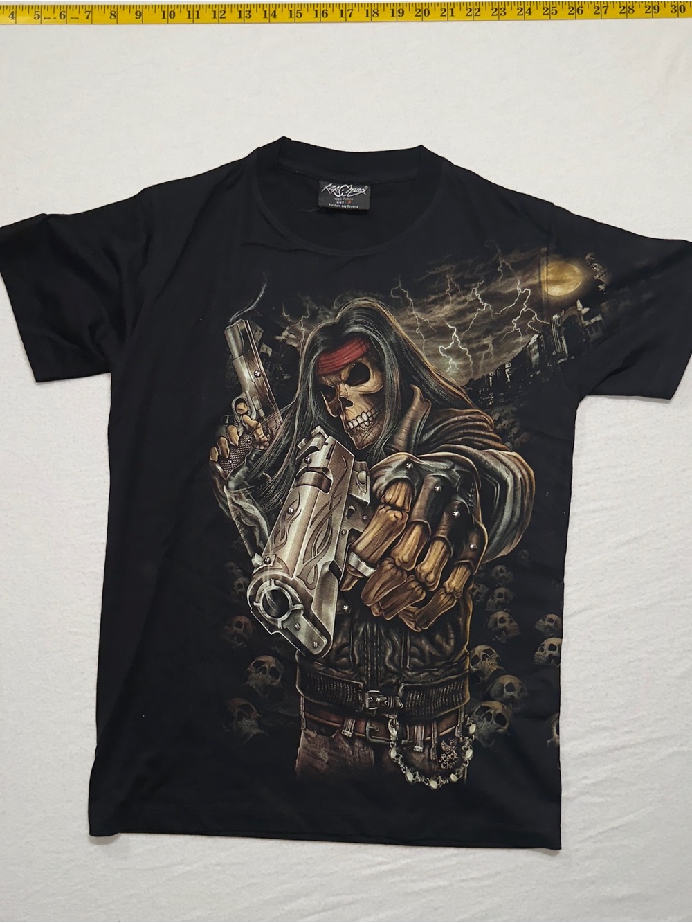 Vintage Y2K rhinestone rock Chang Skull Guns Graphic Tee - Black